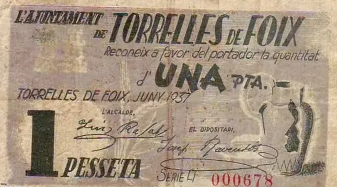 Bitllet d'una pesseta emès per l'Ajuntament de Torrelles de Foix el 1937